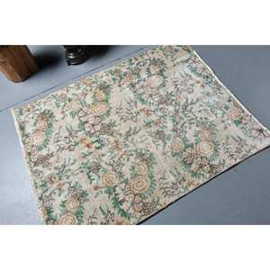 Tapis turc vintage 3.2x4 pieds en laine beige vert fait main grande surface avec motif patchwork pour chambre d'ado couloir latex soutenu - Product Image 2