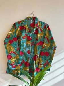 Pijama de algodón con estampado de tigre verde hermoso para mujer, V con cuello en traje de noche, ropa de dormir cómoda transpirable suave, estilo informal Sexy - Product Image 3