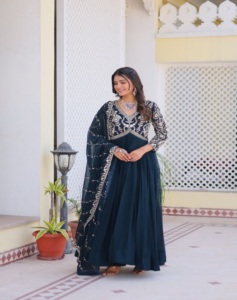 2024 Summer V-Neck Pure Bandhej with Fox Georgette Women's Work Casual Floor-Length Gown Washable Festival Bandhej Long Gown - Product Image 1