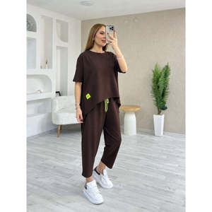 Ensemble deux pièces pour femme, chemisier à manches courtes et col rond en viscose à deux fils et pantalon, 37758 - Café - Product Image 5