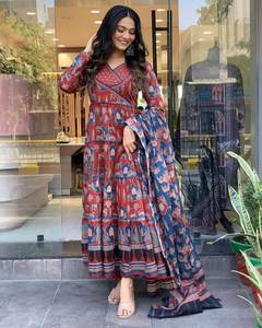 Alta calidad nuevo vestido Anarkali bordado trabajo Faux Georgette completamente acampanado Dupatta completamente cosido listo para usar indio Salwar - Product Image 5