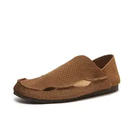 Mocassins perforés à enfiler en cuir de vachette grainé nubuck, chaussures décontractées toutes saisons