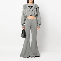 Conjunto de Sudadera Corta con Cremallera y Pantalones Acampanados para Mujer, Chándal Casual de Estilo Urbano, Conjunto de Descanso de Algodón y Felpa, Atuendo Combinado