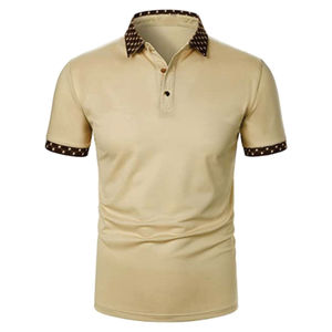 Chemise décontractée pour homme en coton uni, col classique, manches courtes, logo brodé, respirante, longueur classique, jaune et noir - Product Image 2