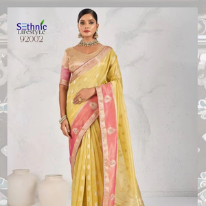 Sarees de Lino Tejido Zari Étnico al por Mayor - Transpirables para Todas las Estaciones, Ideales para Fiestas, para Mujeres Indias y Pakistaníes - Product Image 1