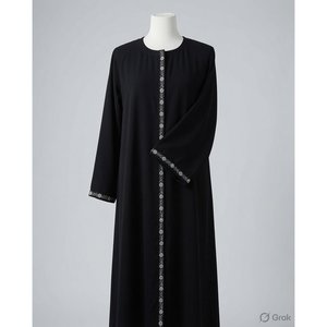 Abaya classique en satin noir à imprimé floral avec taille naturelle - Product Image 1