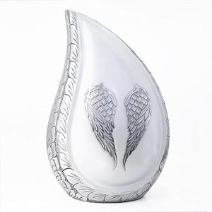 Belle urne funéraire en forme d'ailes de larme pour cendres humaines, à exposer à la maison, urne commémorative gravée, blanc et argent - Product Image 1