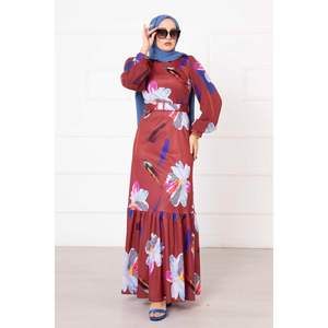 Robe à motifs floraux bordeaux manches en mousseline de soie imprimée sur mesure taille XL longueur genou ODM fourni volants Appliques Spandex - Product Image 3