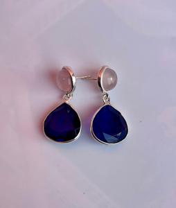 925 Plata de Ley zafiro azul con cuarzo rosa pendiente hecho a mano hermoso pendiente de mujer hermoso pendiente de piedra azul. - Product Image 6