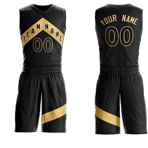 Ensemble de maillot de basket-ball unisexe noir et or sans manches, col en V, imprimé par sublimation, évacuation de l'humidité, taille élastique, adulte - Product Image 4