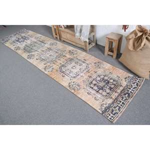 Alfombra Turca Vintage, Alfombra de Lana Azul con Diseño Floral de 2.7x11.1 pies - Product Image 4