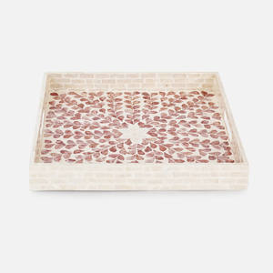 Elegant Square Pink Mother of Pearl Serving Tray With <b>Handles</b> for Food and Beverages <b>MOP</b> Inlay Decorative Tray for Coffee Table - Product Image 1