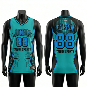 เสื้อบาสเก็ตบอลชาย 180 GSM ผ้าโพลีเอสเตอร์ตาข่ายระบายอากาศ สีน้ำเงิน ทอง ขาว ดีไซน์แผงสี  แบบซับลิเมชั่น  โลโก้สั่งทำได้ ทรงแอธเลติก - Product Image 3