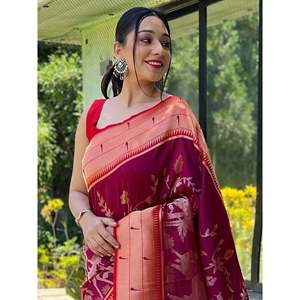 Increíble Sari de Seda Paithani Tejido en Color Morado con Blusa, Ropa Étnica para Festivales, Estilo Pakistaní, Material Georgette - Product Image 2