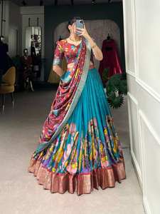 Lehenga choli สีฟ้าสดใสสำหรับงานเลี้ยงเจ้าสาวงานปาร์ตี้สาวๆพิมพ์ลายคาลามารีแบบดั้งเดิมของผู้หญิง - Product Image 3