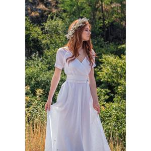 Vestido cruzado de lino blanco para mujer Vestido maxi de manga corta con cuello en V para ocasión nupcial o bohemio de verano - Product Image 4