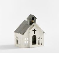 Mini Ornement de Maison d'Église en Métal Blanc Porte-Bougie avec Design de Croix en Pointe et Découpes de Fenêtre Style Ferme Noël