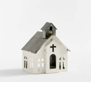 Mini Adorno de Iglesia de Metal Blanco, Portavelas con Diseño de Cruz en la Campana y Recortes en las Ventanas, Estilo Rústico Navideño - Product Image 3