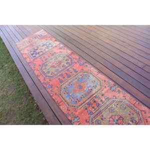 Turkish Vintage <b>Runner</b> Rug 2.1x11.1 ft, <b>Red</b> Blue Moroccan Rug - Product Image 3