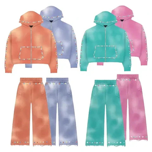 Conjunto Deportivo Unisex al por Mayor con Capucha y Cremallera con Diseño de Diamantes Lavado al Ácido, Pantalones Deportivos Acampanados con Pedrería, Personalizado OEM, 100% Algodón, Diseño Elegante - Product Image 5