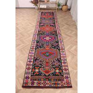 Vintage Herki <b>Rug</b> 2.8x12.9 ft (86x393 cm), <b>Black</b> Ombr Turkish <b>Rug</b> - Product Image 1