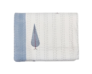 Traditional Style Queen Kantha Quilt Organic Cotton Hand-Block Printed Tropical Palm Tree <b>Bed</b> <b>Cover</b> Blue <b>White</b> for Home Hotels - Product Image 2