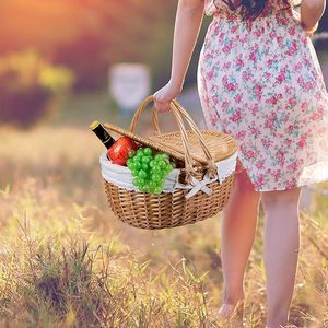 Sturdy Woven <b>Wicker</b> <b>Picnic</b> <b>Basket</b> with Lid & Handle Washable Lining for Outdoor Camping Easter & Mother's Day - Product Image 2