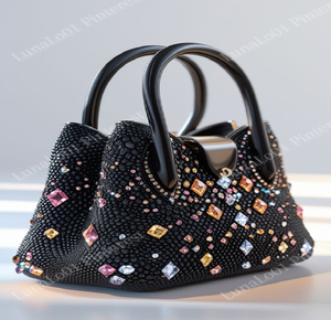 Sac en galets noir haute couture orné d'une galaxie de pierres précieuses multicolores facettées. Disponible à prix de gros. - Product Image 1