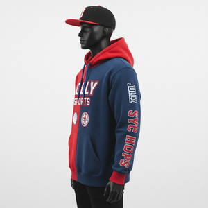 Sweat-shirt basique en tissu polaire doux 320GSM, style à panneaux bicolore rouge et bleu marine, options d'impression de logo personnalisé, broderie - Product Image 2