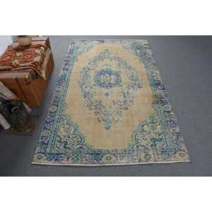 Tapis turc vintage 5,3x8,5 pieds, grand tapis oriental en laine bleu - Product Image 1