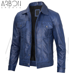 แจ็กเก็ตหนังแท้สตรีทตัวนอกสำหรับผู้ใหญ่แจ็กเก็ตหนังแท้สีฟ้า - Product Image 1