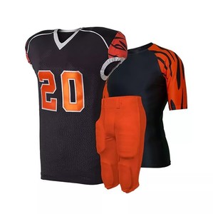 Conjunto de Uniforme de Fútbol Americano para Hombre, Malla Sublimada, Cuello en V, Manga Corta, Negro y Naranja, con Número, Prenda Resistente - Product Image 1
