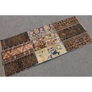 Vintage <b>Brown</b> Blue Patchwork Turkish <b>Wool</b> Eco Friendly Medium Pile Rug 21 X 48ft Flat Weave Dining Room Carpet Latex Backing 4m - Product Image 2