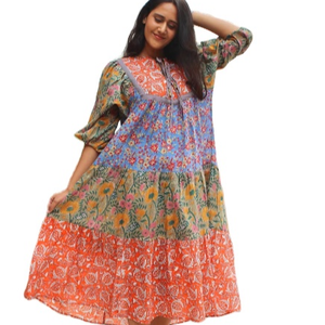 Nouvelle robe pour femmes à manches 3/4, longueur mollet, imprimé floral, multicolore, à volants, ample, imprimée - Product Image 1