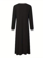 Chemise de nuit longue pour femme, col en V, fendue, avec poches, design color block contrastant, taille élastique, 100 % coton