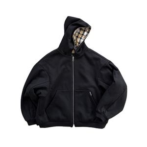 Sudadera con capucha coreana a cuadros amarillos con cremallera de doble cara, estilo retro americano, informal, holgada, 100% algodón, para hombre y mujer - Product Image 1