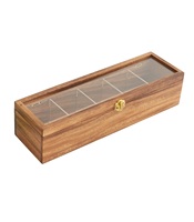 Boîte à thé à compartiment en bois d'acacia avec fenêtre de rangement et organisateur (boîte à thé à 5 compartiments)