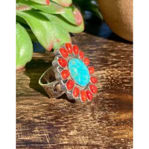 Southwest Handmade Kingman Turquoise & Coral Sterling Silver <b>Adjustable</b> <b>Ring</b> Bezel Set Gift - Product Image 2
