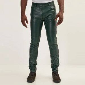 กางเกงหนังแท้สีดำด้านพร้อมซิปสำหรับผู้ชายกางเกงทรงตรงเข้ารูปสำหรับขี่มอเตอร์ไซค์ - Product Image 1