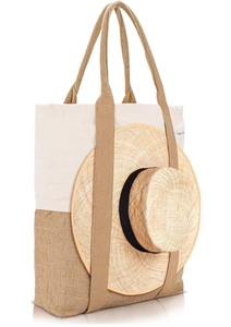 Sac fourre-tout en jute pour chapeau de plage avec design bicolore en jute naturelle et crème, doté d'un emplacement dédié pour chapeau, en toile de jute artisanale - Product Image 3