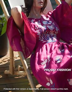 Vestido bordado personalizado 100% para mujer, patrones estampados tejidos de manga ancha Floral, ropa de ocasión de moda lavable Natural - Product Image 5