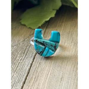 Bague fer à cheval en argent sterling incrustée de turquoise, faite à la main par des artisans Navajo, taille 7.75 - Product Image 1