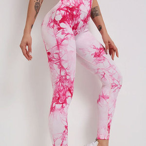 <b>Pink</b> Tie Dye Yoga Set Womens 2 Piece High Waist Leggings <b>Crop</b> <b>Top</b> Racerback Scoop Neck Breathable Spandex Polyester Workout Wear - Product Image 3