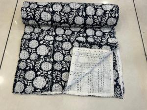 Bohemian Luxury Hand Block Print Kantha <b>Quilt</b> Black White Cotton Blanket Unique Design Gudari Kantha <b>Bedspread</b> <b>Sizes</b> <b>King</b> Queen - Product Image 4