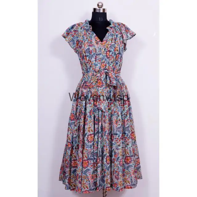 Summer Vintage Women's Beach Wear Bohemian Cotton Wrap Dress with Belt Floral Pattern Wholesale Maxi Tunic Style