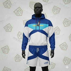 2026 Winter Men's Streetwear Hooded Solid Two-Piece Nylon Tracksuit Set High Quality <b>Windbreaker</b> Jacket and Shorts Wholesale - Product Image 4