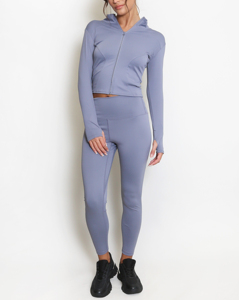 Conjunto de dos piezas para mujer de corte regular con cremallera completa y manga larga con borlas de encaje sólido para gimnasio y Fitness para yoga y Deportes - Product Image 2