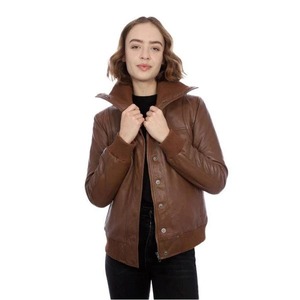 Veste universitaire en cuir véritable marron pour femme Poignets côtelés Style décontracté vintage Respirant Doublure en coton écologique Hiver - Product Image 2