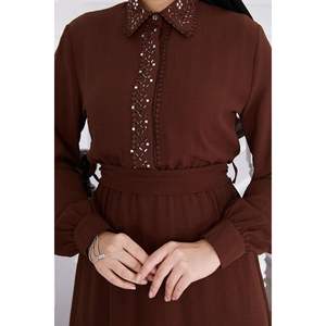 <b>Brown</b> Modest Dress with Stone Detail Waist Pleating HiジャBrow - Product Image 1
