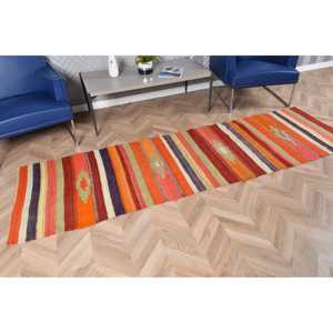 Vintage Turkish Kilim Rug 2.6x9.2 ft (80x279 cm), <b>Red</b> Floral <b>Wool</b> Rug - Product Image 2